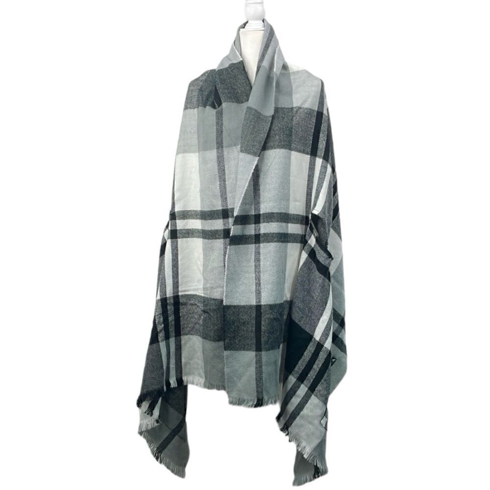 Shawl Vest with arm holes pockets Window Pane plaid oversized black gray white